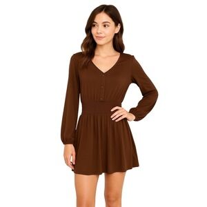Birch And Stone Dress M Brown Mini ALine Boho Elastic Cuffs Casual Chic NEW